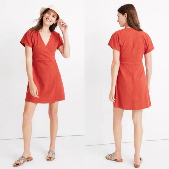 Madewell Women’s Wrap Mini Dress‎ Size 3X Burnt Orange Textured V-Neck - Picture 2 of 8